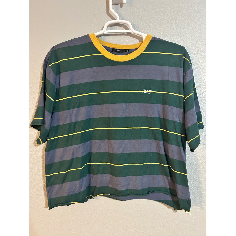 Obey Mens Striped Cropped T-Shirt Green Blue Yellow‎ Raw Hem Large
